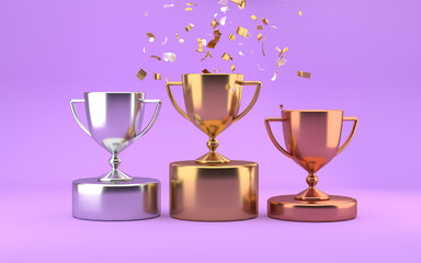 Golden silver and bronse trophy awards with falling confetti on violet background. Competition winner prize. 3d rendering.