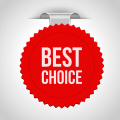 3d vector illustration of bright red starburst sticker with Best Choice inscription inserted into white background for promotion and sale advertisement