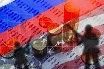 Coin with USA flag. United States and Russia sanctions concept.