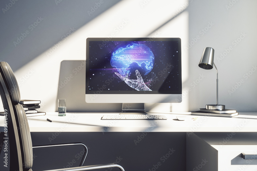 Poster abstract digital world map on modern computer monitor, big data and blockchain concept. 3d rendering