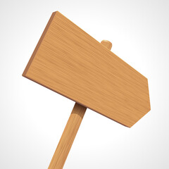 Empty wooden indicating sign on pole vector illustration. Simple wooden signboard in shape of arrow with blank space for text indicating direction fixed on pole against white background