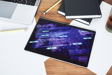 Modern digital tablet screen with abstract graphic coding sketch and world map, big data and networking concept. Top view. 3D Rendering
