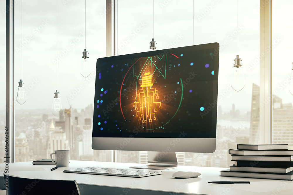 Poster creative light bulb with chip hologram on modern laptop monitor, artificial intelligence and neural 