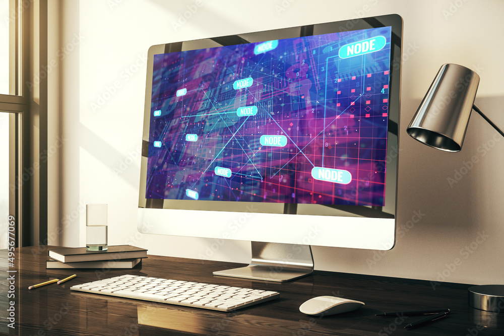 Leinwandbilder modern computer screen with abstract creative coding sketch, artificial intelligence and neural netw