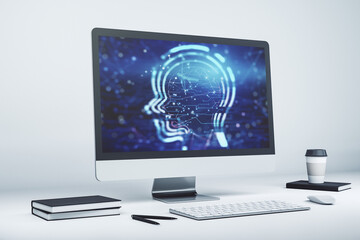 Creative artificial Intelligence concept with human head hologram on modern laptop screen. 3D Rendering