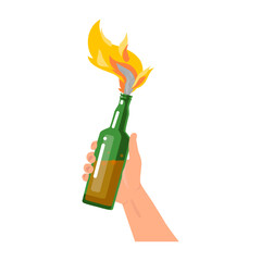 The hand holds a Molotov cocktail. Flat. Vector illustration. isolated.