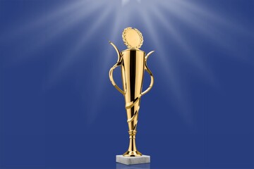 Golden  award statue on blue dark background. Success and victory concept.