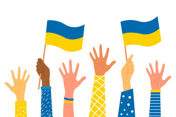 Hands holding flags of Ukraine. The concept of no war. Support for Ukraine. Vector illustration. isolated.