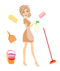 Beautiful maid and a set of cleaning things , isolated illustration - 495677241