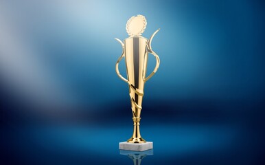 Golden  award statue on blue dark background. Success and victory concept.