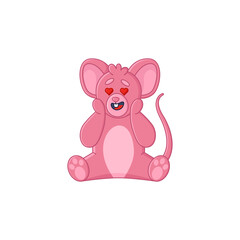 Adorable pink mouse cartoon character with heart eyes sticker. Cute comic rat in love flat vector illustration isolated on white background. Emotions, animals concept