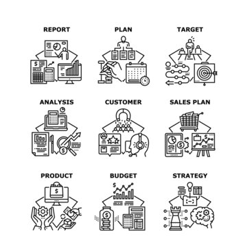 Sales Plan Business Set Icons Vector Illustrations. Sales Plan And Strategy For Selling Product And Searching Customer, Budget And Financial Report, Target And Analysis Black Illustration © vectorwin