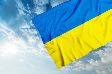 Ukraine flag symbol on blue sky. Yellow-blue Ukrainian state flag, Independence Day National day.