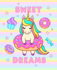 Sweet dreams quote. Cartoon unicorn with donuts and cupcake. Vector illustration