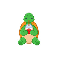 Cute turtle cartoon character drinking bubble tea sticker. Adorable comic tortoise with drink in plastic cup flat vector illustration isolated on white background. Emotions, animals concept