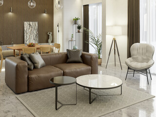 Modern living/dining room in warm brown colors with a marble floor. 3D render.