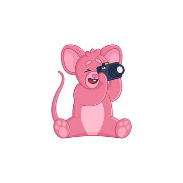 Adorable pink mouse cartoon character taking photo sticker. Cute comic rat holding camera and smiling flat vector illustration isolated on white background. Emotions, animals concept