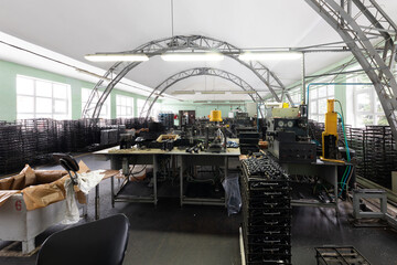 Naklejka premium Assembly production. Engine factory. Plant concept and interior. Industrial scenery background