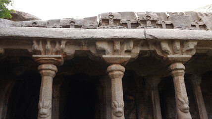 Low angle shot of Krishna Mandapam columns at Arjuna's Penance Mahabalipuram