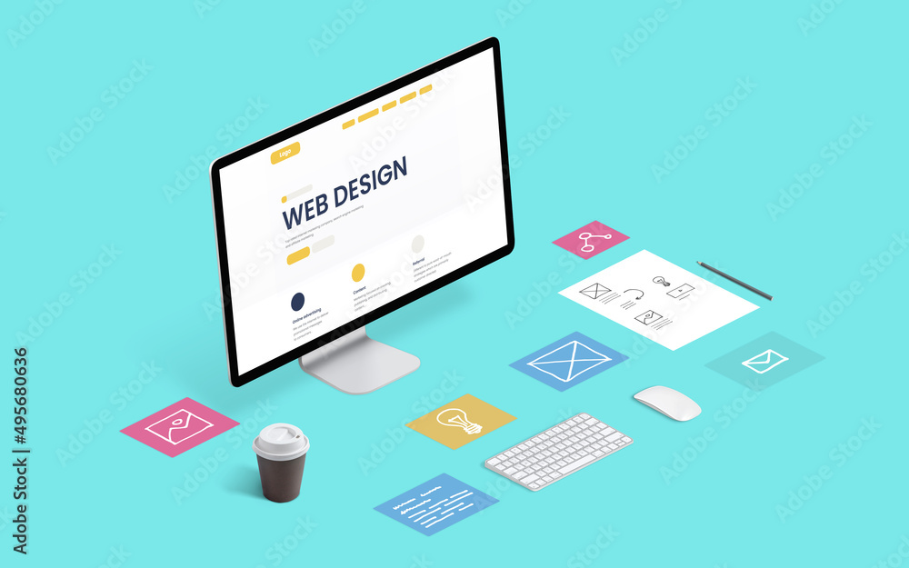 Poster Web design company page layout isometric view computer desk. Page parts on blue work desk