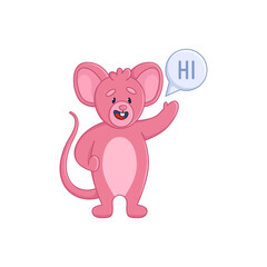 Cute pink mouse cartoon character saying hi sticker. Comic rat waving, greeting, speech bubble with word hi flat vector illustration isolated on white background. Emotions, animals concept