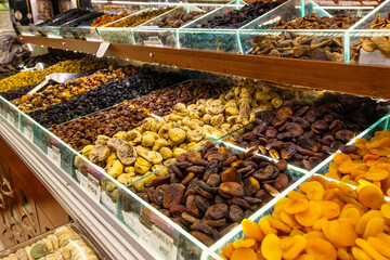 Turkish market, dry fruits and nuts piles on the market in Urgup, Anatolia, Turkey