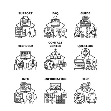 Contact Center Set Icons Vector Illustrations. Contact Center Support And Advice, Faq And Helpdesk, Question Guide And Information. Info For Customer And Client Black Illustration © vectorwin