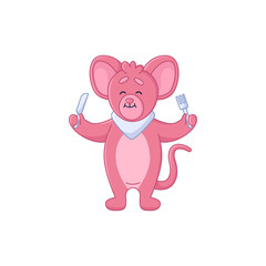 Cute pink mouse cartoon character holding knife and fork sticker. Comic rat with napkin around neck chewing food flat vector illustration isolated on white background. Emotions, animals concept
