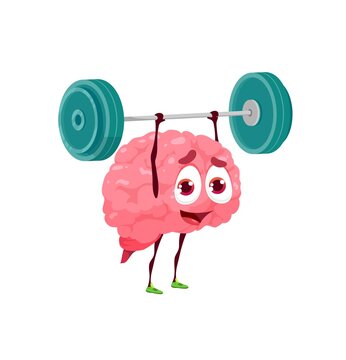 Cartoon human brain character with barbell. Cheerful brain personage doing exercises, training by lifting weight. Mind and memory trainig, intelligence and creativity development, health concept