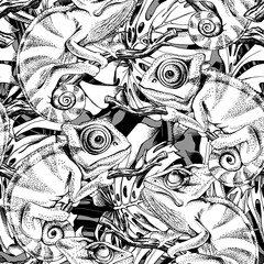 Seamless pattern with image of a Chameleon on a branch with green Monstera leaf. Vector illustration. © Afishka