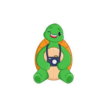 Cute turtle cartoon character holding camera and winking sticker. Adorable comic tortoise taking photo flat vector illustration isolated on white background. Emotions, animals concept