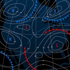 Forecast weather isobar on american night map, meteorology wind fronts and vector temperature diagram. USA map for weather forecast with pressure and wind charts, synoptic prediction isobar - obrazy, fototapety, plakaty
