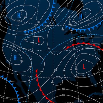 Forecast weather isobar on american night map, meteorology wind fronts and vector temperature diagram. USA map for weather forecast with pressure and wind charts, synoptic prediction isobar
