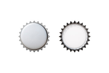 Realistic beer or lemonade bottle cap mockup isolated on white background, metal cap for glass drink bottle. Top and bottom set. Drinks and beverages, liquid objects design.3d rendering.