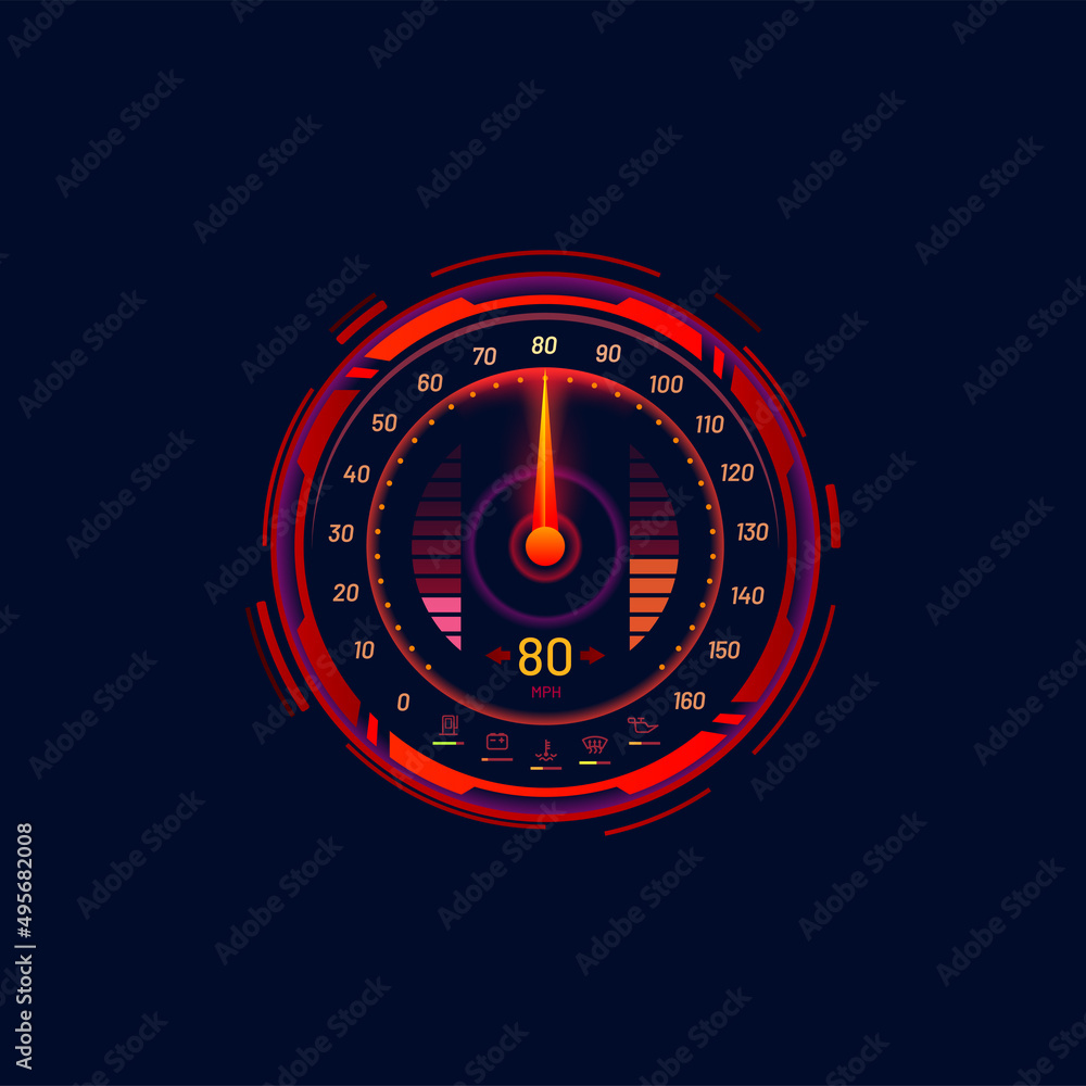 Fototapete Car speedometer or speed meter futuristic gauge dial in neon LED vector dashboard digital indicator. Car speedometer or rally race speed counter interface with mph gauge in red neon glow