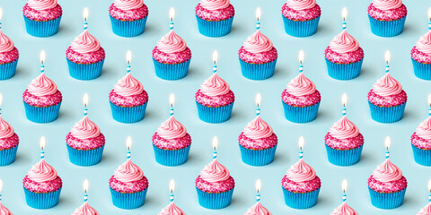 Pink birthday cupcake seamless background