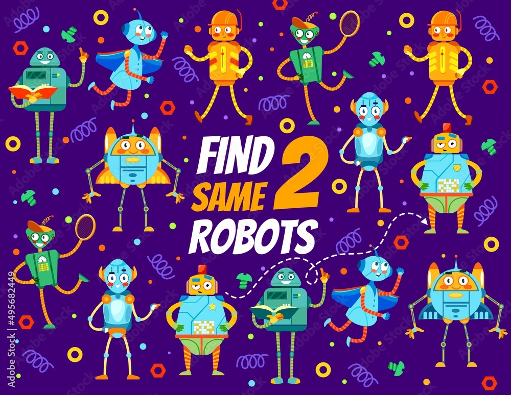 Aufkleber mechanic robots and droids on find two same game worksheet. preschool kids differences matching educ