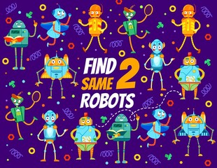 Mechanic robots and droids on find two same game worksheet. Preschool kids differences matching educational puzzle, vector quiz or children intelligence playing activity, quiz with matching activity