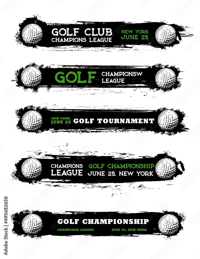 Wall mural Golf sport club grunge banners of white balls of golfer player and black paint brush strokes and smears. Golf sport game league match isolated vector flyers with golfing course balls