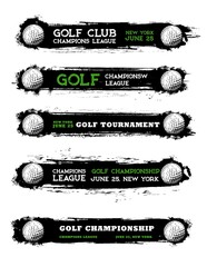 Golf sport club grunge banners of white balls of golfer player and black paint brush strokes and smears. Golf sport game league match isolated vector flyers with golfing course balls