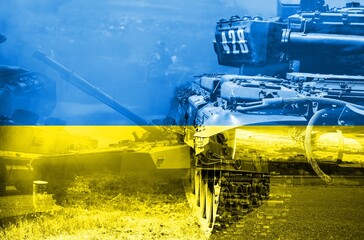 Ukrainian tank with yellow-blue color flag of ukraine. Stand with Ukraine.