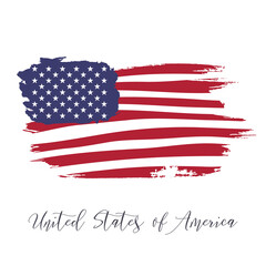 United States of America vector watercolor national country flag icon. Hand drawn illustration with dry brush stains, strokes, spots isolated on white background. Painted grunge style texture poster.