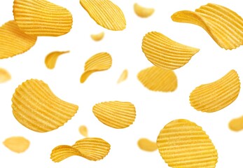 Flying and falling crispy ripple potato chips vector realistic snacks splash. Flying baked potato chips with ribbed crunchy crisps, appetizer advertising and food package design