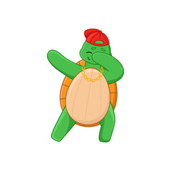 Funny turtle cartoon character with cap and gold chain sticker. Cute comic tortoise dabbing, hip-hop style flat vector illustration isolated on white background. Emotions, animals concept
