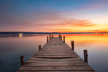 Naklejka na ściany i meble Small Dock and the lake at sunset
