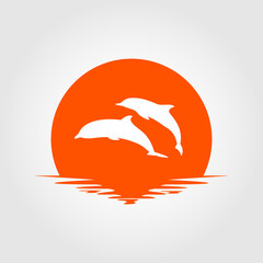 dolphin with sunset background vector design