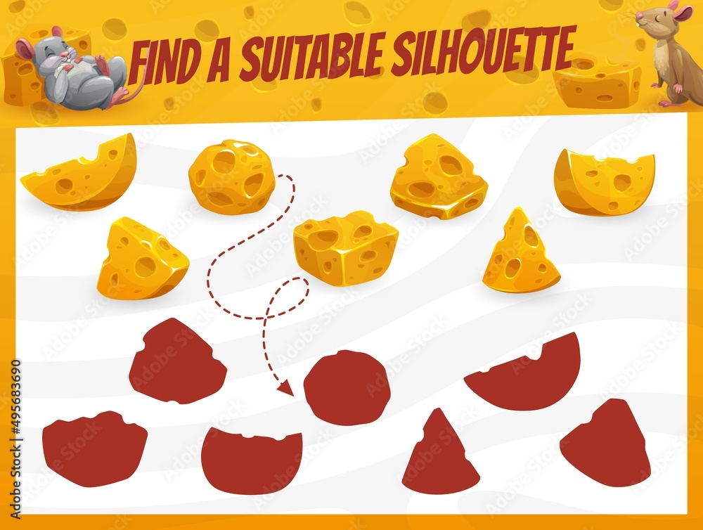 Poster cartoon cheese and mouses on find a correct silhouette game worksheet. child logical game, kids vect