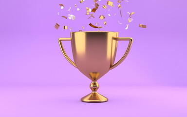 Golden trophy award with falling confetti on violet background. Competition winner prize. 3d rendering.