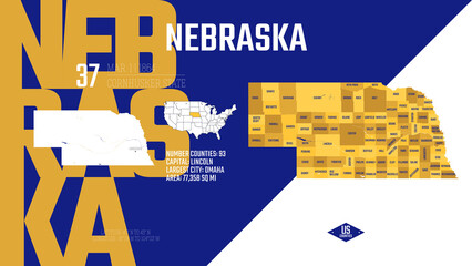 37 of 50 states of the United States, divided into counties with territory nicknames, Detailed vector Nebraska Map with name and date admitted to the Union, travel poster and postcard - obrazy, fototapety, plakaty