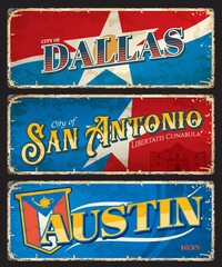 Dallas, Austin and f american cities plates and travel stickers. United States of America grunge banner, vector vintage tin plate with flag star symbol. USA vacation tour postcard or souvenir card